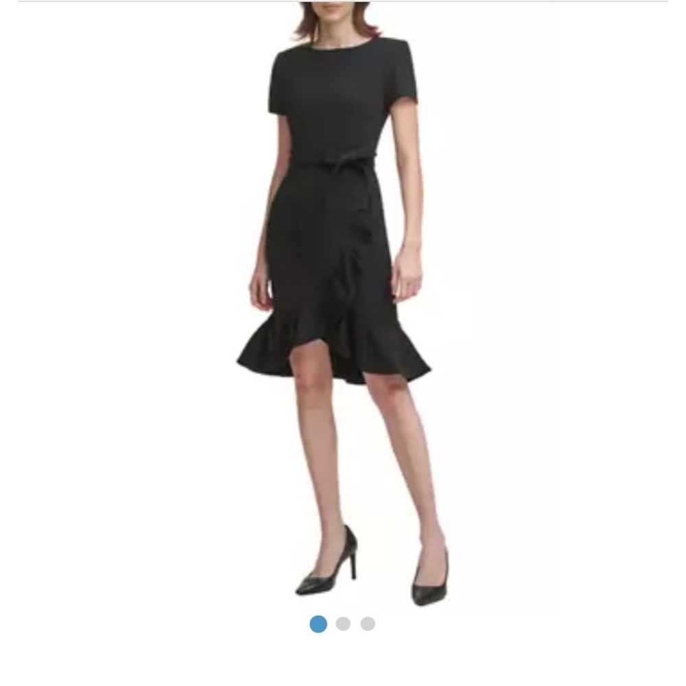 Calvin Klein Short Sleeve Boat Neck Tie Waist Ruffle Skirt Solid Fit & flare